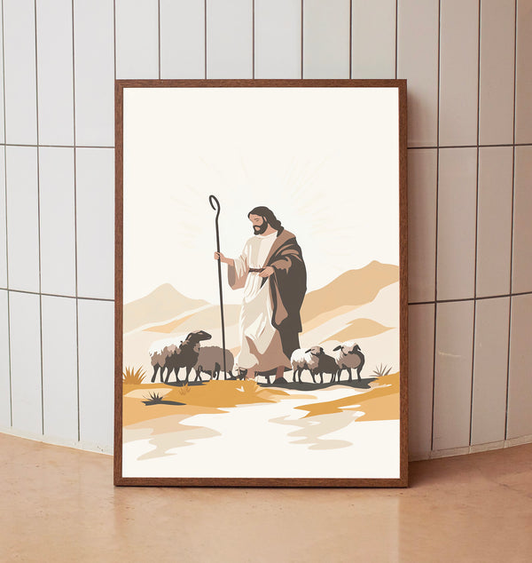 Biblical Inspiration Jesus with a White Lamb in the Desert – Christian Art Print