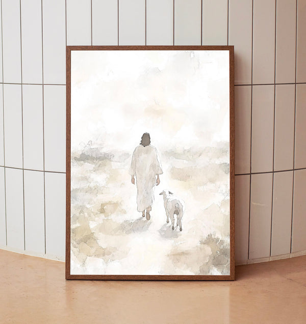 Jesus Walking with a White Lamb in the Desert – Inspirational Wall Art