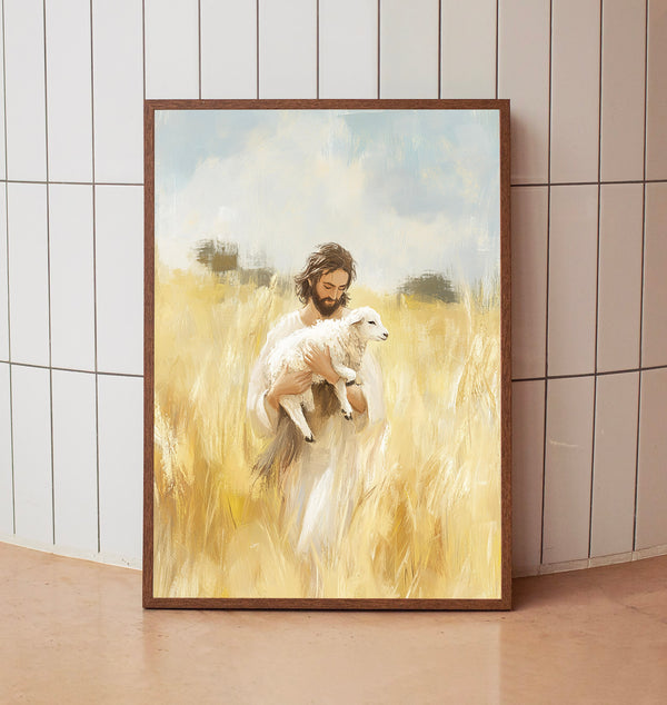Jesus with a Baby Lamb on His Back – Faith-Inspired Christian Art Print