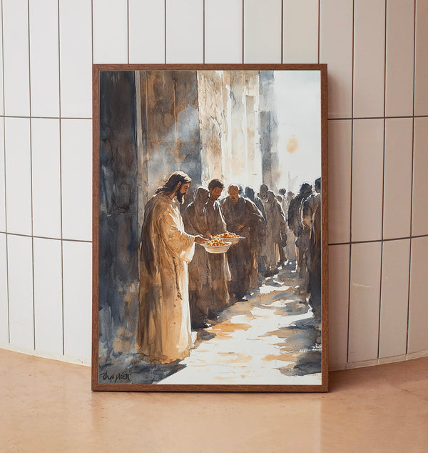 Soft Watercolour Painting of Jesus Giving Food – Inspirational Christian Poster