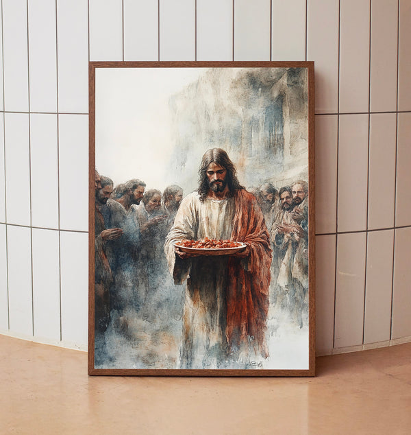 Watercolour Art of Jesus Sharing Food – Faith-Inspired Wall Decor