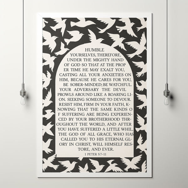 1 Peter 5 7 Bible Verse Wall Art Modern Christian Black and White Bird Art, Scripture Decor Cast Your Anxiety on Him Print or Canvas