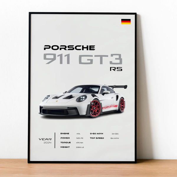 2024 Porsche 911 GT3 RS Poster _ White Supercar Art Print _ Wall Art for Car Enthusiasts _ Sports Car Gift _ Automotive Decor