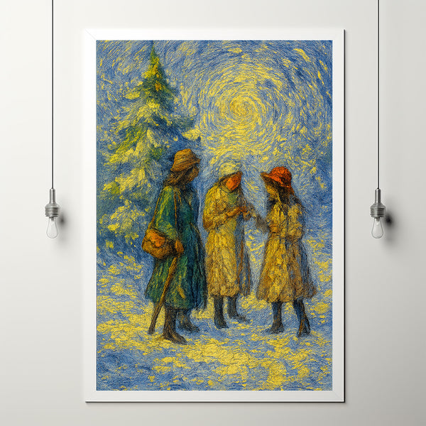 3 Sisters in the Snow Christmas Artwork, Sisters Wall Art, Winter Landscape Painting