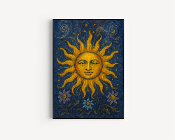 90s Celestial Sun Print, 90s Whimsigoth Celestial Magical Home Decor, Sunshine Poster, Blue And Yellow Celestial Art, Cosy Witchy Print