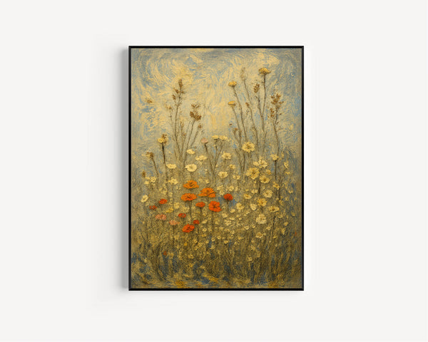 Abstract Wildflowers Field Wall Art, Vintage Floral Framed Canvas Art, Rustic Farmhouse Wall Decor