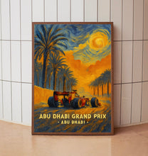 Abu Dhabi Grand Prix Poster – Iconic Formula 1 Racing Scene with Sunset and Palm Trees