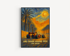 Abu Dhabi Grand Prix Poster – Iconic Formula 1 Racing Scene with Sunset and Palm Trees