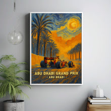 Abu Dhabi Grand Prix Poster – Iconic Formula 1 Racing Scene with Sunset and Palm Trees
