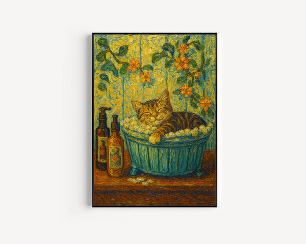 Adorable Cat Relaxing in Bath Poster, Floral Bathroom Wall Art, Cozy Gift for Cat Lovers, Vintage-Style Decor