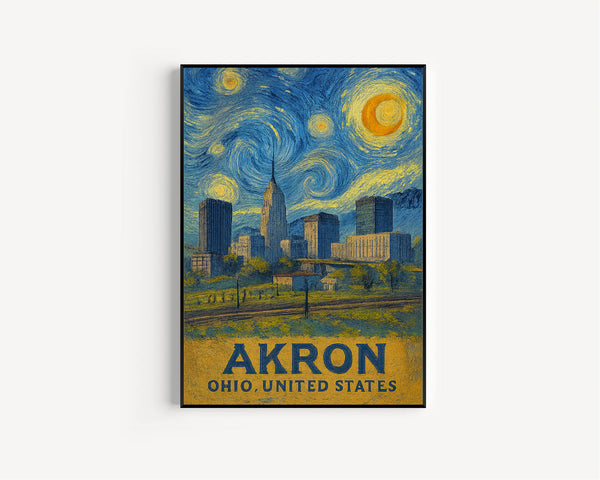 Akron Poster Print, Akron Travel Poster, Akron Van Gogh Style Wall Art, Akron, Ohio, United States