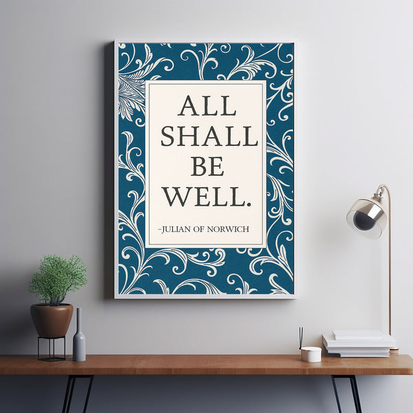 All Shall Be Well Print  Julian of Norwich Quote, Christian Wall Art, Catholic Decor  Religious Vintage Aqua Floral Art