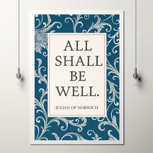 All Shall Be Well Print  Julian of Norwich Quote, Christian Wall Art, Catholic Decor  Religious Vintage Aqua Floral Art