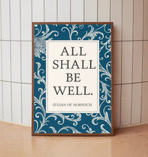 All Shall Be Well Print  Julian of Norwich Quote, Christian Wall Art, Catholic Decor  Religious Vintage Aqua Floral Art