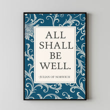 All Shall Be Well Print  Julian of Norwich Quote, Christian Wall Art, Catholic Decor  Religious Vintage Aqua Floral Art