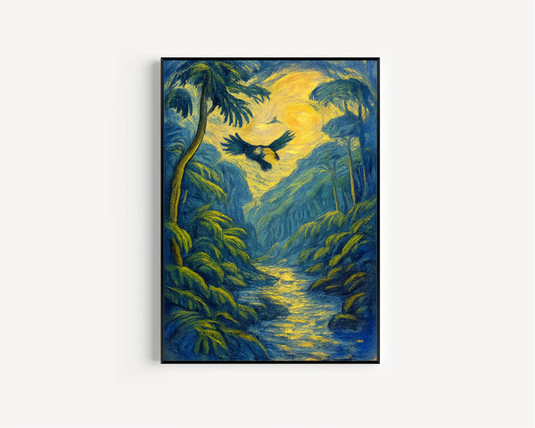 Amazon Brazil Vintage Poster - Lush Rainforest Scene with Toucan and River for Nature and Wildlife Lovers