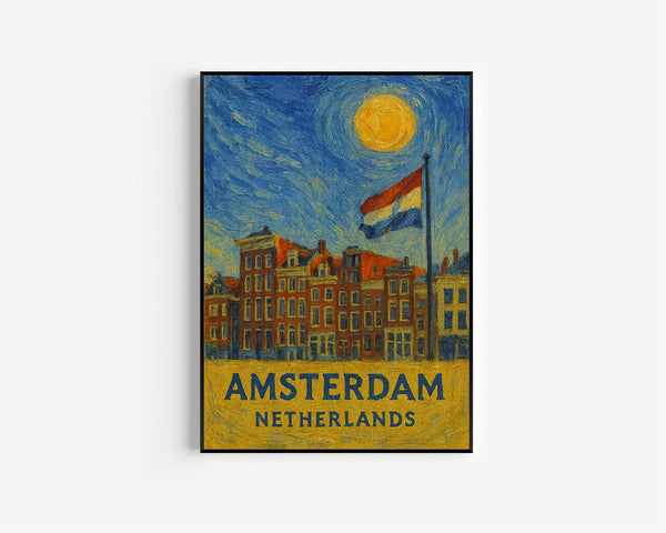 Amsterdam Poster Print, Amsterdam Travel Poster, Amsterdam Van Gogh Style Wall Art, Amsterdam, Netherlands