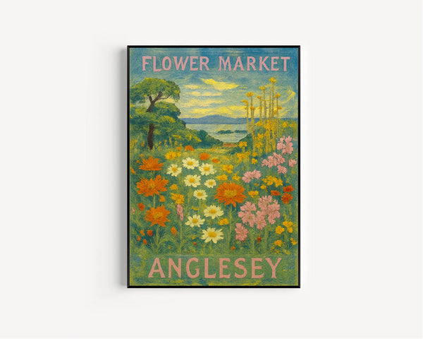 Anglesey Flower Market Poster, Wall Decor, Wales Floral Illustration, Botanical Gallery Wall Art, Gift For Friend, Travel Poster, Modern