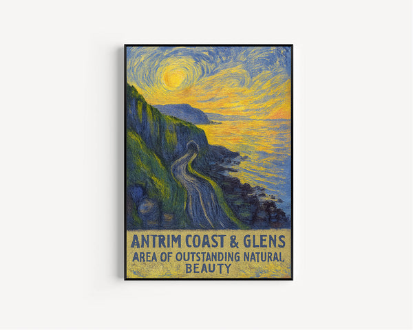 Antrim Coast And Glens AONB Travel Poster, Northern Ireland, Blackcave Tunnel, Devil_s Churn, Black Arch, Vintage Travel Print, Causeway