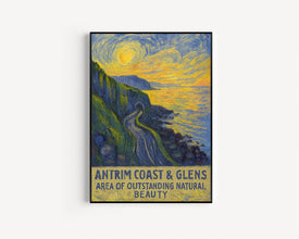 Antrim Coast And Glens AONB Travel Poster, Northern Ireland, Blackcave Tunnel, Devil_s Churn, Black Arch, Vintage Travel Print, Causeway