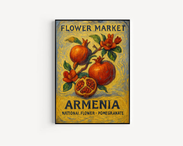 Armenia National State Flower Art Print, 1960s Pomegranate Wall Art, Neutral Botanical Pastel Artwork