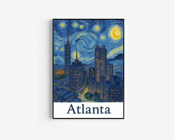 Atlanta USA Cityscape Canvas, Poster, City Skyline Art, Night City Lights, Urban Artwork, Van Gogh Style Art, Wall Decor, Framed Art