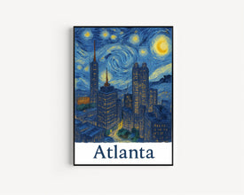 Atlanta USA Cityscape Canvas, Poster, City Skyline Art, Night City Lights, Urban Artwork, Van Gogh Style Art, Wall Decor, Framed Art