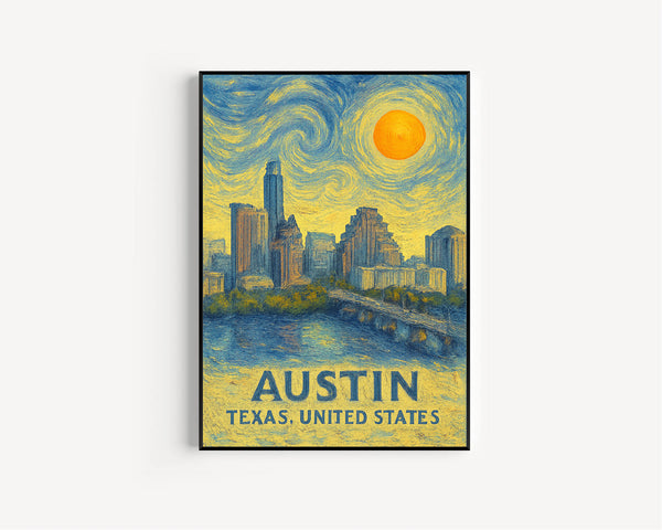 Austin Poster Print, Austin Travel Poster, Austin Van Gogh Style Wall Art, Austin, Texas, United States