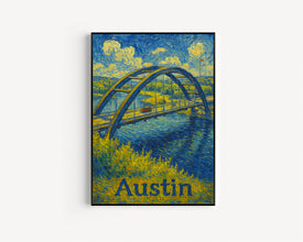 Austin Texas, USA, Van Gogh Style, Pennybacker Bridge Art, Canvas,Poster, Landscape Cityscape Decor, Wall Art, Texas Travel, Souvenir Print