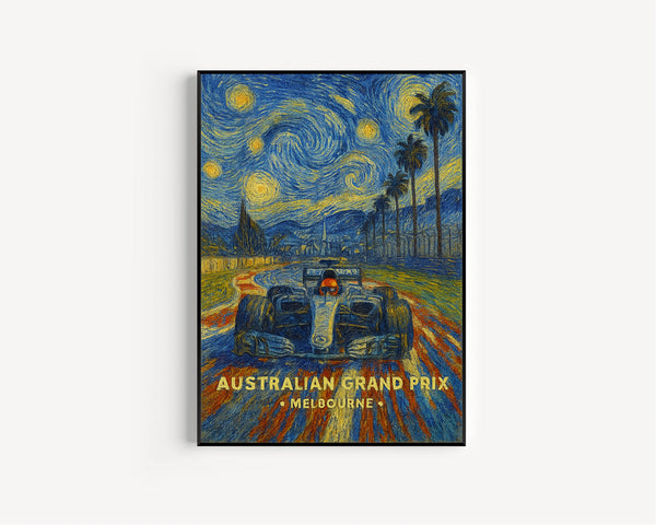 Australian Grand Prix Poster – Iconic Formula 1 Racing Scene in Melbourne with City Skyline and Palm Trees