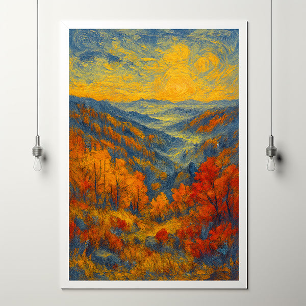 Autumn Mountain Landscape Painting - Vintage Fall Hillside Art, Warm Earthy Colors, Rustic Wall Decor