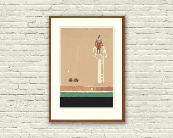 BILL MURRAY - Wes Anderson Poster, Rushmore, Herman's High Dive, Lithograph Art Print, Mid-Century Modern, Coral, Vintage 489598389