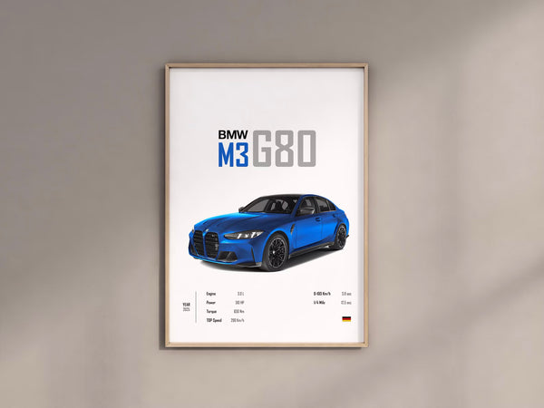 BMW M3 G80 2025 Marina Blue Car poster  poster Prints Wall Art Kids Boys Room Home Office birthday Gift for Him Gift Valentines Day