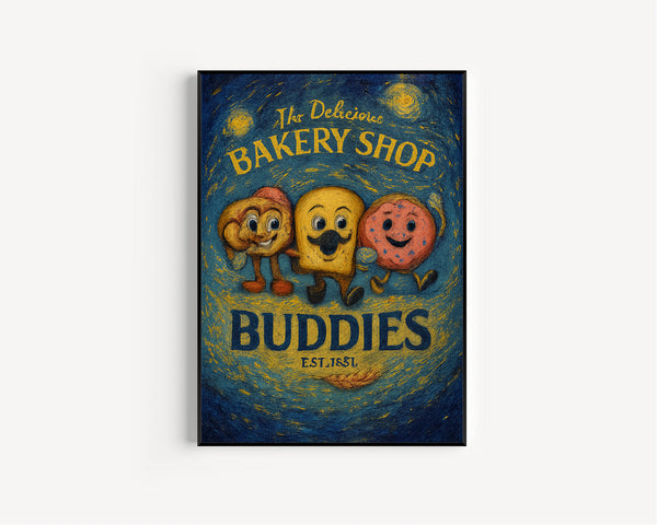 Bakery Shop Buddies Retro Characters Print - Fun Kitchen Print, Retro Mascot Cartoon, Bread Pretzel Donut Kitchen Poster, 60s 70s Wall Art
