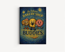 Bakery Shop Buddies Retro Characters Print - Fun Kitchen Print, Retro Mascot Cartoon, Bread Pretzel Donut Kitchen Poster, 60s 70s Wall Art