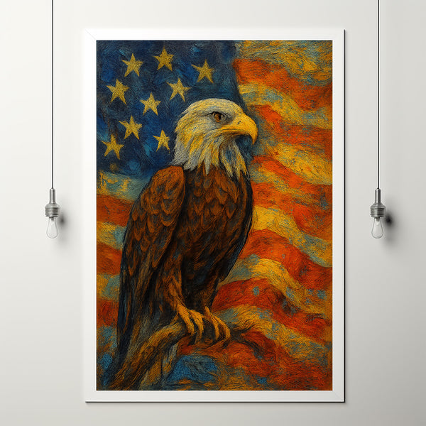Bald Eagle Wall Art American Flag poster print artwork, Patriotic America Eagle Portrait  Heartlands