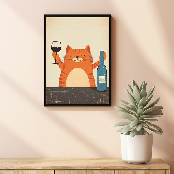 Bar Cart Decor, Cat Poster, Wine Print, Retro Kitchen Decor, Mid Century Modern Decor