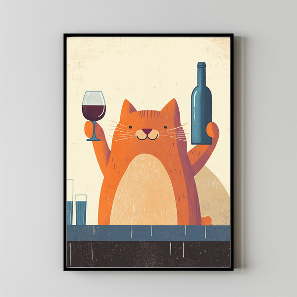 Bar Cart Decor, Cat Poster, Wine Print, Retro Kitchen Decor, Mid Century Modern Decor 1