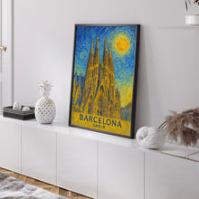 Barcelona Poster Print, Barcelona Travel Poster, Barcelona Van Gogh Style Wall Art, Barcelona, Spain
