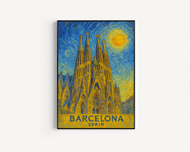 Barcelona Poster Print, Barcelona Travel Poster, Barcelona Van Gogh Style Wall Art, Barcelona, Spain