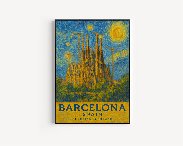 Barcelona Travel Print, Barcelona Poster, Unique Wallart Decor, La Sagrada Familia, Barcelona Black and White Coordinates Home Decor