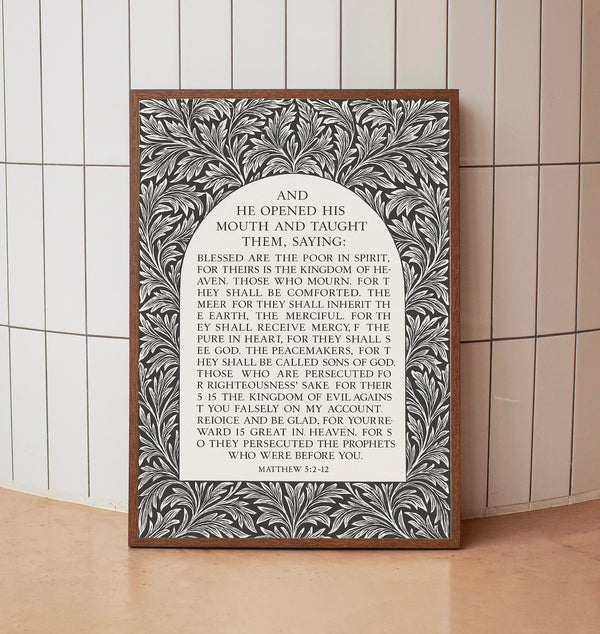 Beatitudes Print Christian Wall Art, Minimalist Vintage Floral Bible Verse, William Morris Pattern  Boho Biblical Decor  Print or Canvas