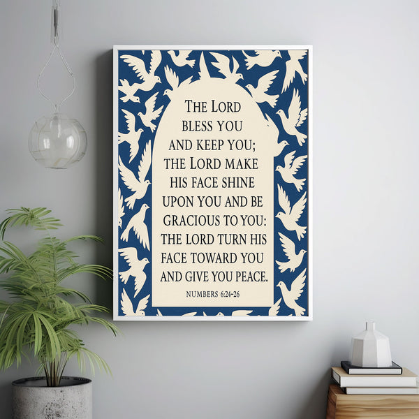 Benediction Print, Numbers 6 24-26 Christian Wall Art, Blue & White Bible Verse, Modern Scripture Art, Boho Bird Pattern Print or Canvas