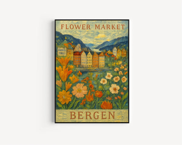 Bergen Flower Market Poster, Wall Decor, Norway Floral Illustration, Botanical Gallery Wall Art, Gift For Friend, Travel Poster, Modern