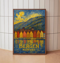 Bergen Norway Poster, Retro Travel Print, Norwegian Fjords, Bryggen, Sognefjord, Floyen Mountain, Floibanen, Mount Ulriken, Wall Art Decor