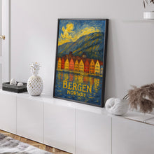 Bergen Norway Poster, Retro Travel Print, Norwegian Fjords, Bryggen, Sognefjord, Floyen Mountain, Floibanen, Mount Ulriken, Wall Art Decor
