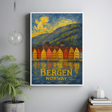 Bergen Norway Poster, Retro Travel Print, Norwegian Fjords, Bryggen, Sognefjord, Floyen Mountain, Floibanen, Mount Ulriken, Wall Art Decor