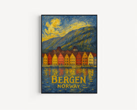 Bergen Norway Poster, Retro Travel Print, Norwegian Fjords, Bryggen, Sognefjord, Floyen Mountain, Floibanen, Mount Ulriken, Wall Art Decor
