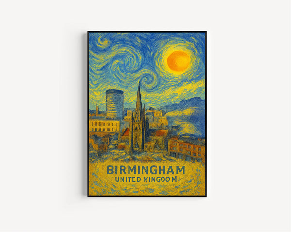 Birmingham Poster Print, Birmingham Travel Poster, Birmingham Van Gogh Style Wall Art, Birmingham, United Kingdom