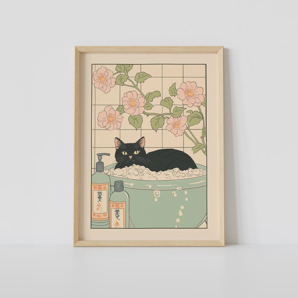 Black Cat in a Bathtub Print, Japanese Bathroom Wall Art, Cat Wall Art, Japandi Art, Relaxing Poster, Japanese Wall Decor, Bathroom Decor 1848558820